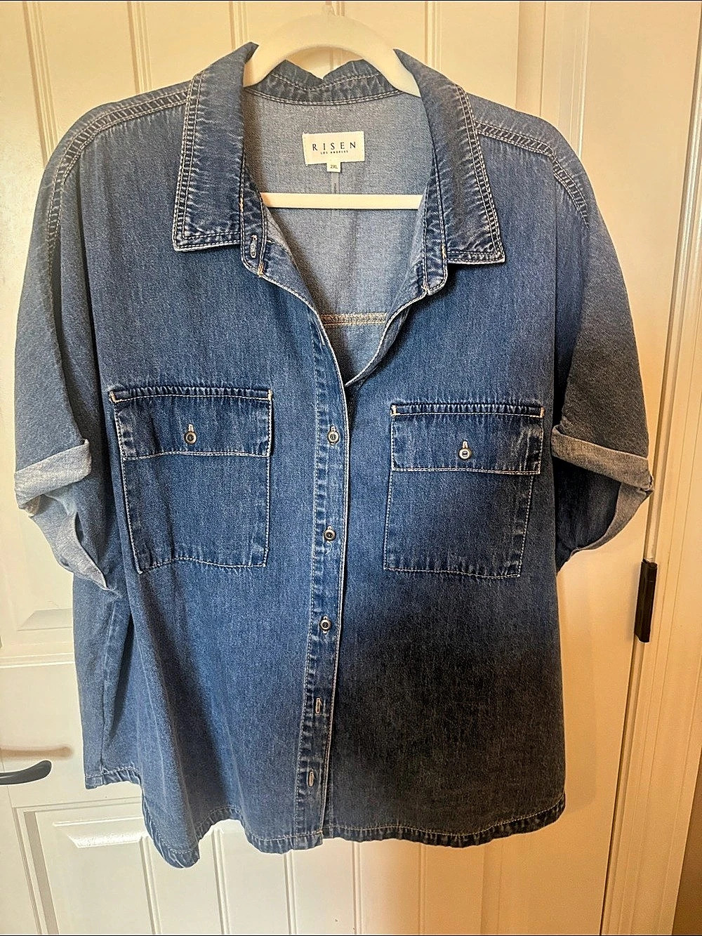Risen Los Angeles Short Sleeve Denim Button Down Top Blue 2XL